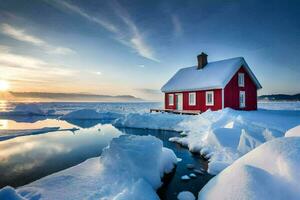 un rojo casa se sienta en parte superior de un congelado lago. generado por ai foto