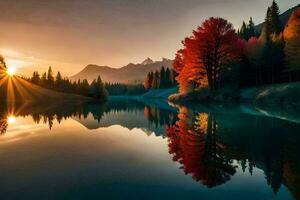 photo wallpaper the sky, trees, mountains, lake, the sun, autumn, the mountains,. AI-Generated