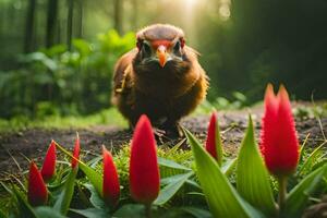 a bird is standing in front of red flowers. AI-Generated photo