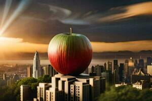 an apple is sitting on top of a building with a city in the background. AI-Generated photo