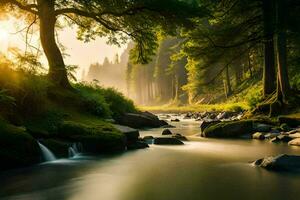 a river runs through a forest at sunrise. AI-Generated photo