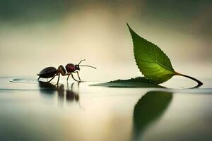 a small ant is standing on the water with a leaf. AI-Generated photo