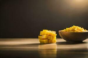 a bowl of mangoes on a wooden table. AI-Generated photo