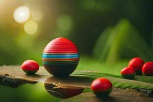 un vistoso Pascua de Resurrección huevo se sienta en un de madera superficie. generado por ai foto