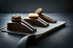 three chocolate desserts on a black surface. AI-Generated photo