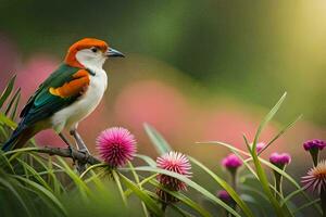 a colorful bird sits on a branch in front of pink flowers. AI-Generated photo