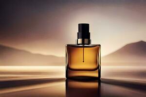 a bottle of perfume sitting on a table in front of a lake. AI-Generated photo