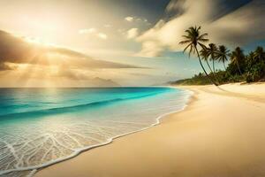 el Dom brilla en un tropical playa con palma arboles generado por ai foto