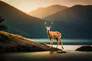 a deer stands on a rock in front of a lake. AI-Generated photo