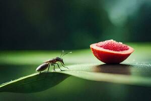 a small insect is standing on a leaf next to a large fruit. AI-Generated photo