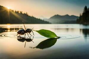 a bee on a leaf in the water with a sunset in the background. AI-Generated photo