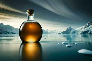 a bottle of whisky in front of a mountain range. AI-Generated photo