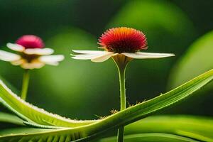 two red flowers are standing in front of green leaves. AI-Generated photo