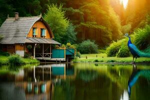 a peacock is standing in front of a house with a pond. AI-Generated photo