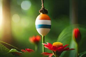 a colorful egg hanging from a string. AI-Generated photo