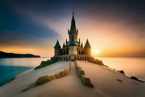 a castle sits on top of a sand castle. AI-Generated photo