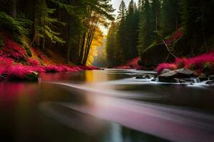 un río en el bosque con rosado flores generado por ai foto