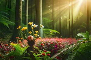 a flower basket is in the middle of a forest. AI-Generated photo