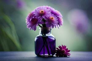 púrpura flores en un vaso botella en un mesa. generado por ai foto