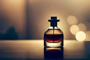 a bottle of perfume sitting on a table. AI-Generated photo