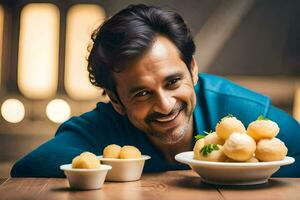 un hombre sonriente mientras participación un cuenco de alimento. generado por ai foto