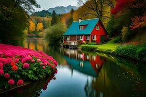 a house sits on the edge of a river surrounded by colorful flowers. AI-Generated photo