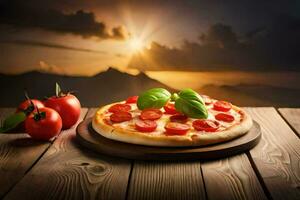 pizza with tomatoes and basil on a wooden table. AI-Generated photo