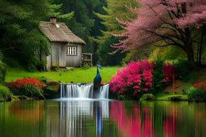 a pond and a house with a waterfall in the background. AI-Generated photo