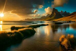 the sun rises over the mountains in iceland. AI-Generated photo