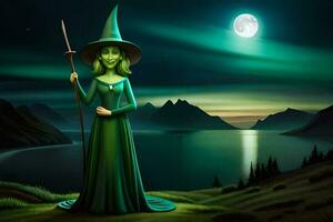a witch standing on a hill with a full moon in the background. AI-Generated photo