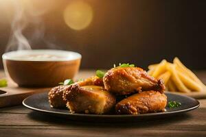 chicken wings and fries on a plate. AI-Generated photo