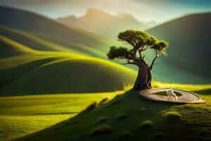 a lone tree sits on top of a hill with a bench. AI-Generated photo