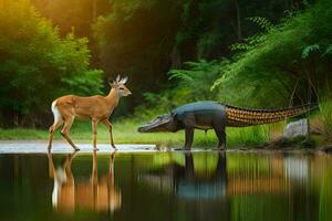 a deer and an alligator standing next to each other in a river. AI-Generated photo