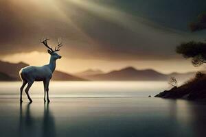 a deer stands in the water at sunset. AI-Generated photo