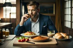 un hombre en un traje es Bebiendo un bebida y comiendo alimento. generado por ai foto