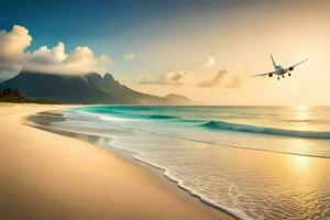 un avión volador terminado el Oceano y playa. generado por ai foto