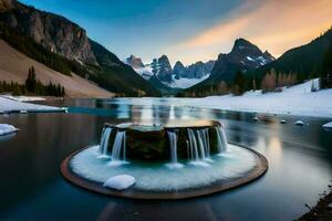 a waterfall in the middle of a lake with snow on the ground. AI-Generated photo