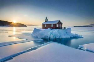 a small red church sits on an iceberg in the middle of the ocean. AI-Generated photo