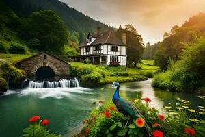 photo wallpaper the sky, water, flowers, house, river, house, water, peacock. AI-Generated