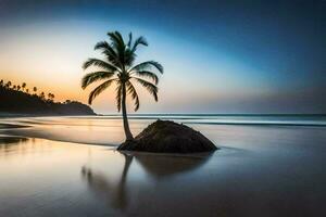 a lone palm tree stands on the beach at sunset. AI-Generated photo