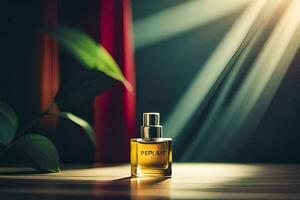 a bottle of perfume on a table with sunlight. AI-Generated photo