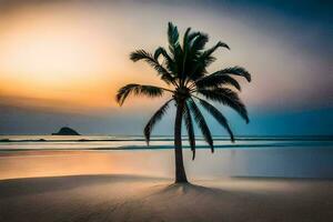 un solitario palma árbol soportes en el playa a puesta de sol. generado por ai foto