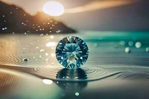 a diamond is sitting on the beach with water droplets. AI-Generated photo