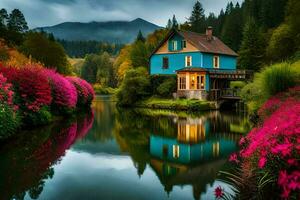 a house is surrounded by colorful flowers. AI-Generated photo