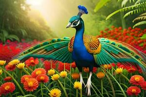 a colorful peacock is standing in a field of flowers. AI-Generated photo