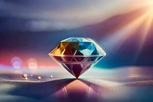un diamante es sentado en el arena con un brillante ligero brillante en él. generado por ai foto