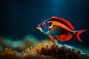 a colorful fish is standing on top of an anemone. AI-Generated photo