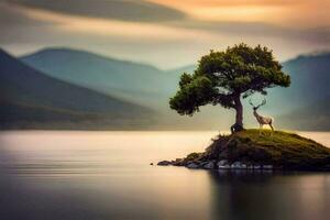 a lone tree stands on an island in the middle of a lake. AI-Generated photo