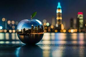 an apple with a city skyline in the reflection. AI-Generated photo