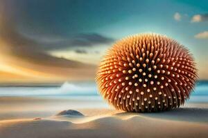 un pelota de puntiagudo Picos en el playa. generado por ai foto